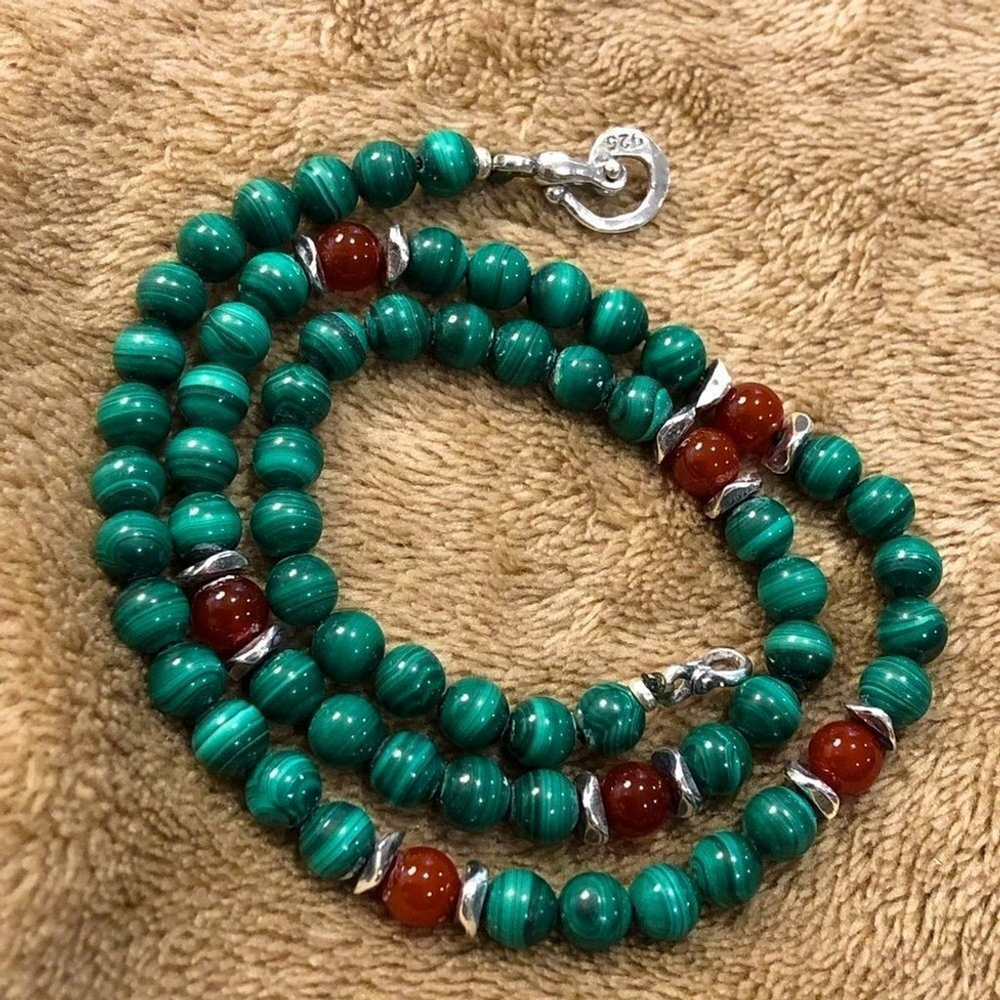 URARTU Green Malachite and Red
Carnelian Sterling Silver Beaded Necklace